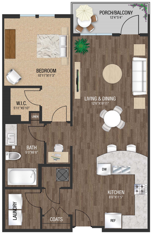 Floor plan for 1 bed, 1 bath, 785 sqft